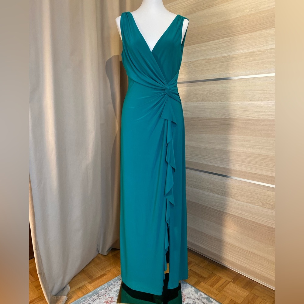 Lauren Ralph Lauren Evening Teal Ruched V Neck Gown Formal Maxi Dress 16